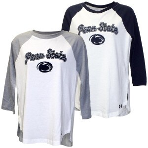 women's 3/4 sleeve gray and navy t-shirts with script Penn State and Athletic Logo